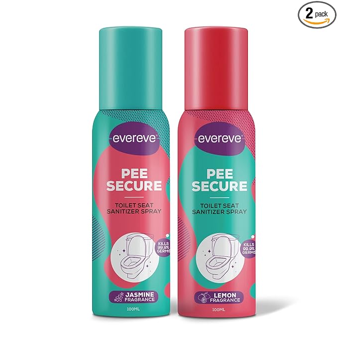Evereve Pee Secure Toilet Seat Sanitizer Spray Combo, Pack of 2, 100ml, Lemon & Jasmine flavour, Reduces the risk of UTI & Other infections, Anti-Odour & Germ Killing Toilet spray, Kills 99.9% Germs